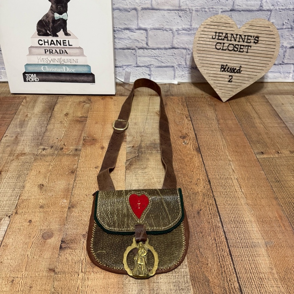 Leather Hippie BoHo Handcrafted Possibles Crossbody Bag Brass ornament mountain